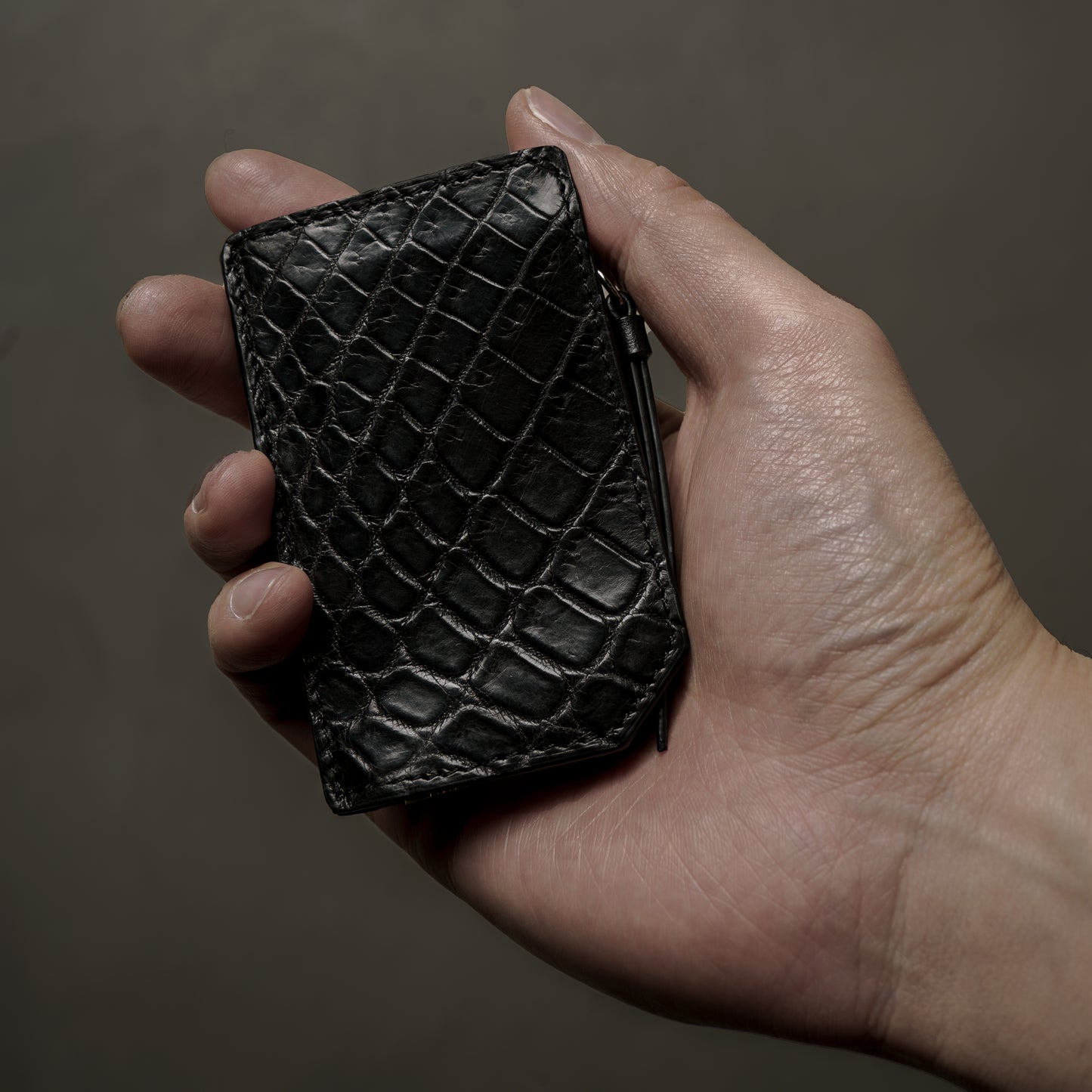 CROCODILE LEATHER MATTE BALCK ZIPPER MULCH CASE MINI