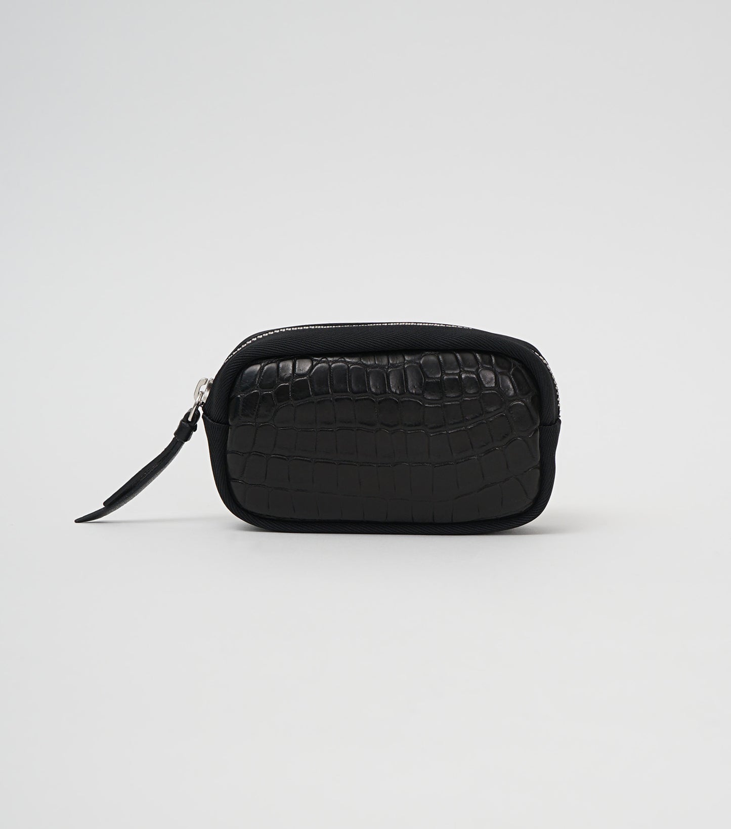 CROCODILE LEATHER MATTE BLACK ROUND ZIPPER POUCH [SMALL]