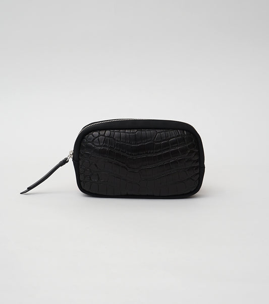 CROCODILE LEATHER MATTE BLACK ROUND ZIPPER POUCH [BIG SIZE]