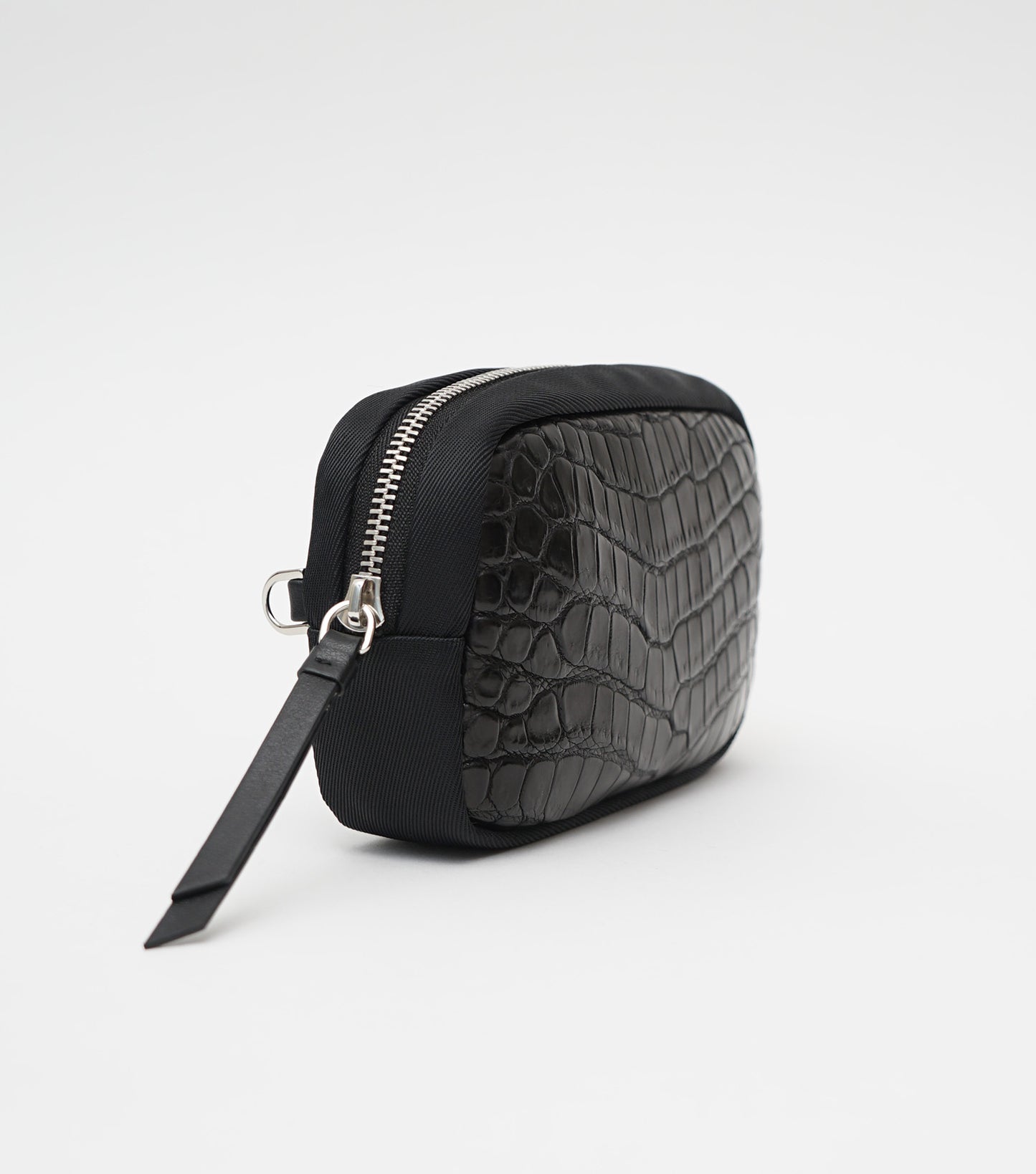 CROCODILE LEATHER MATTE BLACK ROUND ZIPPER POUCH [BIG SIZE]