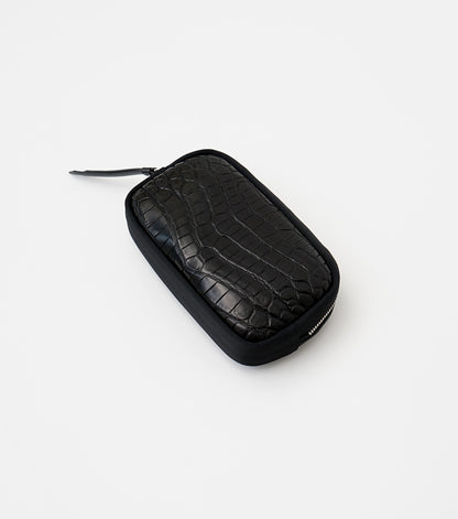 CROCODILE LEATHER MATTE BLACK ROUND ZIPPER POUCH [BIG SIZE]