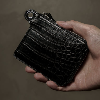 CROCODILE LEATHER MATTE BLACK EYELET DESIGN ZIPPER WALLET