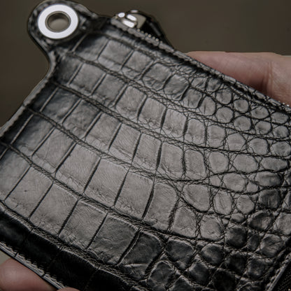 CROCODILE LEATHER MATTE BLACK EYELET DESIGN ZIPPER WALLET