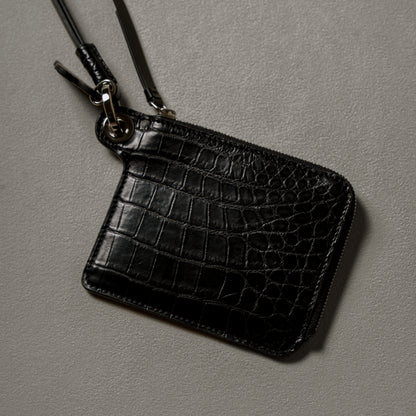 CROCODILE LEATHER MATTE BLACK EYELET DESIGN ZIPPER WALLET