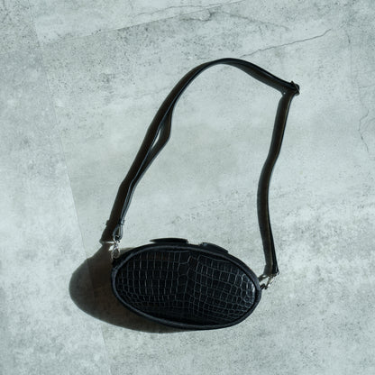 CROCODILE LEATHER MATTE BLACK OVAL SHOULDER BAG