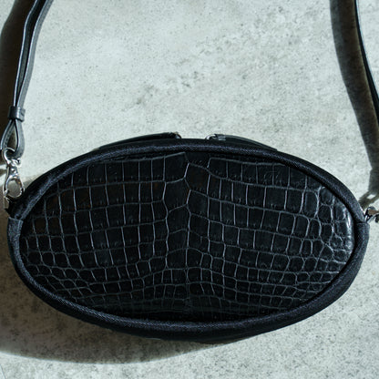 CROCODILE LEATHER MATTE BLACK OVAL SHOULDER BAG