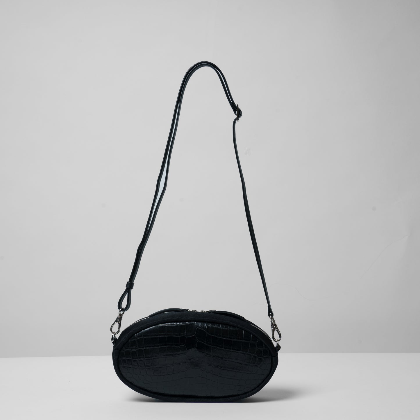 CROCODILE LEATHER MATTE BLACK OVAL SHOULDER BAG