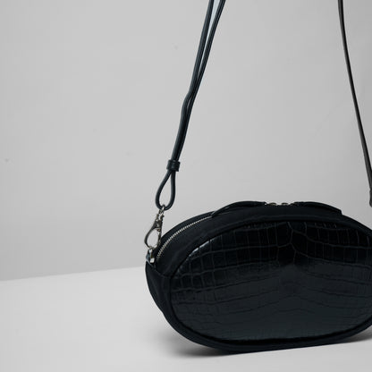 CROCODILE LEATHER MATTE BLACK OVAL SHOULDER BAG