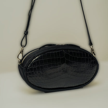 CROCODILE LEATHER MATTE BLACK OVAL SHOULDER BAG