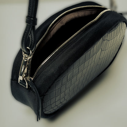 CROCODILE LEATHER MATTE BLACK OVAL SHOULDER BAG