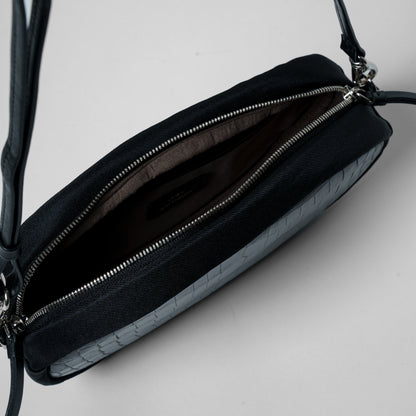 CROCODILE LEATHER MATTE BLACK OVAL SHOULDER BAG