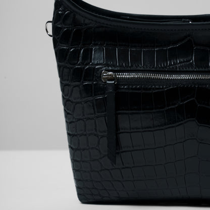 CROCODILE LEATHER MATTE BLACK FRONT ZIPPER SACOCHE