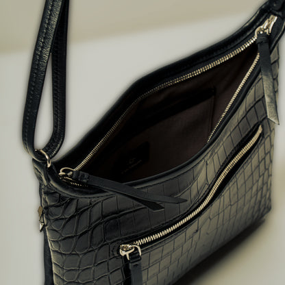 CROCODILE LEATHER MATTE BLACK FRONT ZIPPER SACOCHE