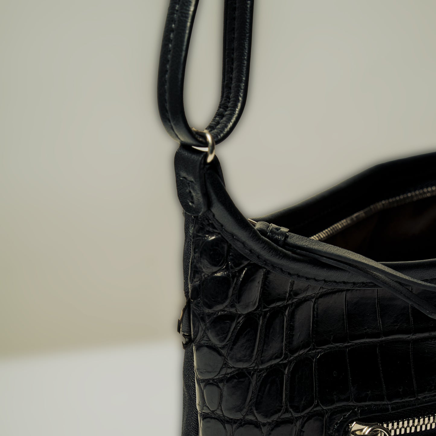 CROCODILE LEATHER MATTE BLACK FRONT ZIPPER SACOCHE