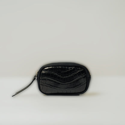 CROCODILE LEATHER MATTE BLACK ROUND ZIPPER POUCH [SMALL]