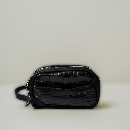 CROCODILE LEATHER MATTE BLACK DOUBLE ZIPPER POUCH