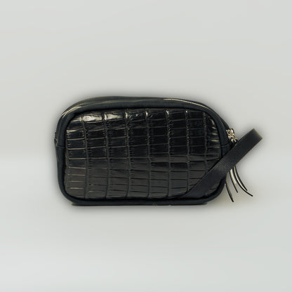 CROCODILE LEATHER MATTE BLACK DOUBLE ZIPPER POUCH