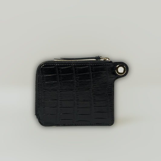 CROCODILE LEATHER MATTE BLACK EYELET DESIGN ZIPPER WALLET