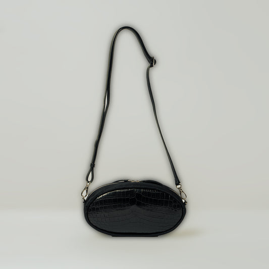 CROCODILE LEATHER MATTE BLACK OVAL SHOULDER BAG